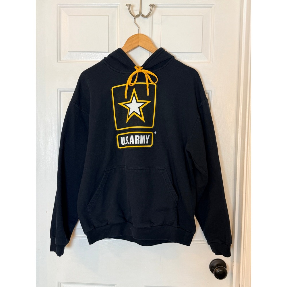 US Army Hoodie Mens XL Black Yellow Star Logo Pullover Sweatshirt Fleece Large